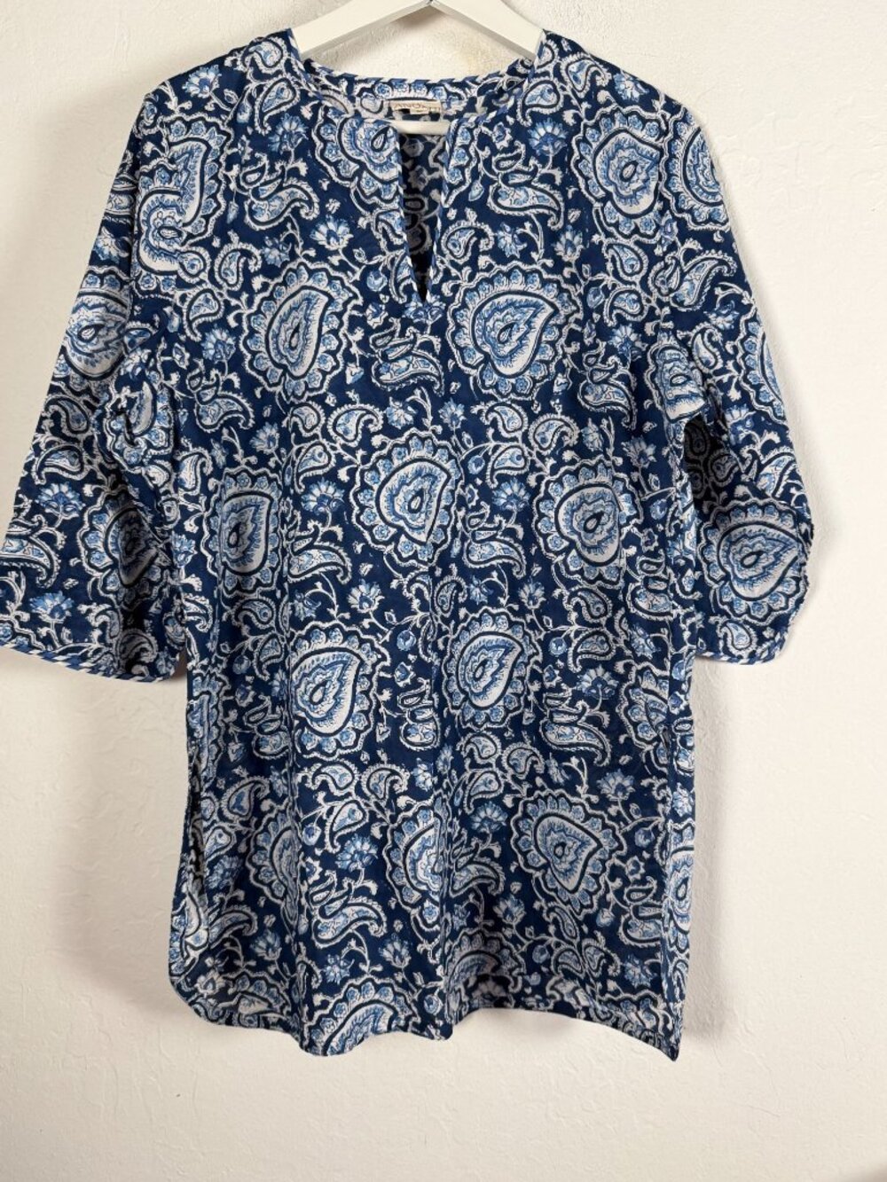 Anokhi Womens Medium Blue White Paisley Print Nightwear Shirt Boho Blouse NWOT